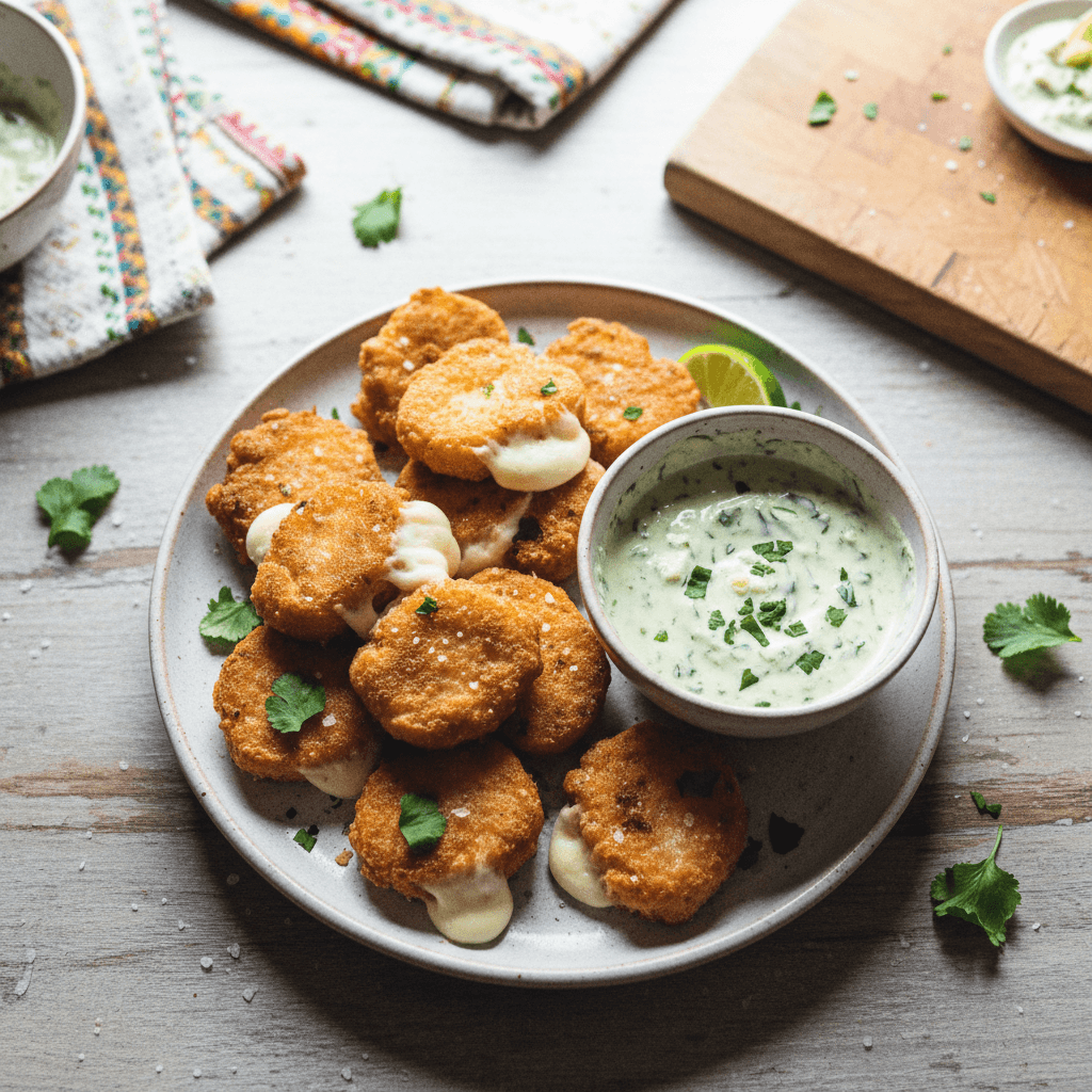 Crispy Cheesy Yuca Bites with Garlic Cilantro Dipping Sauce
