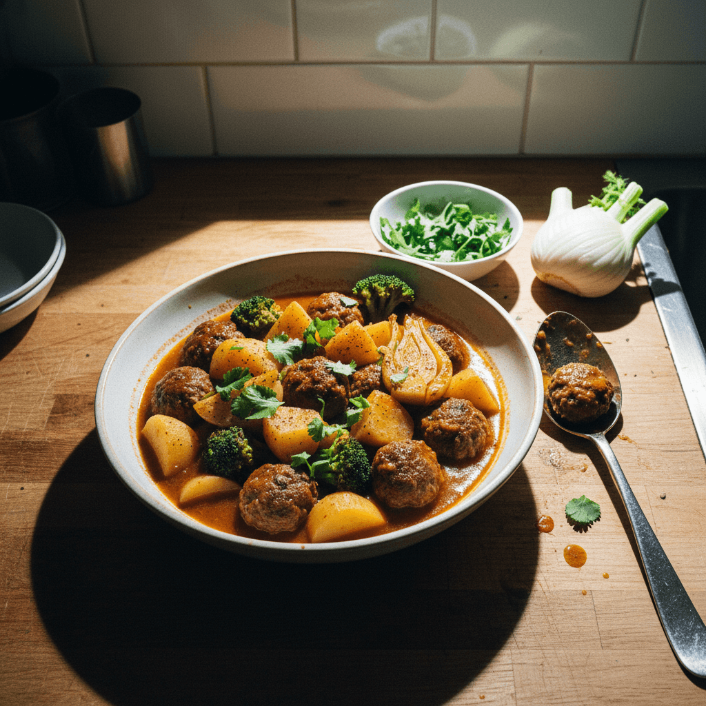 תבשיל קציצות, תפוחי אדמה, ברוקולי ושומר