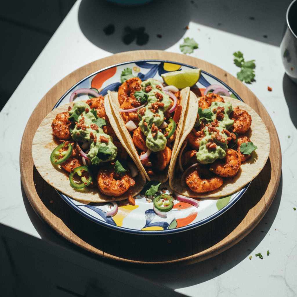 Spicy Shrimp Tacos with Avocado Crema and Crispy Bacon