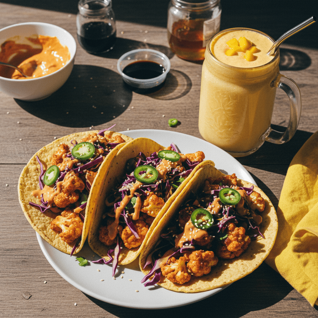 Crispy Chili Cauliflower Tacos & Alfonso Mango Shake