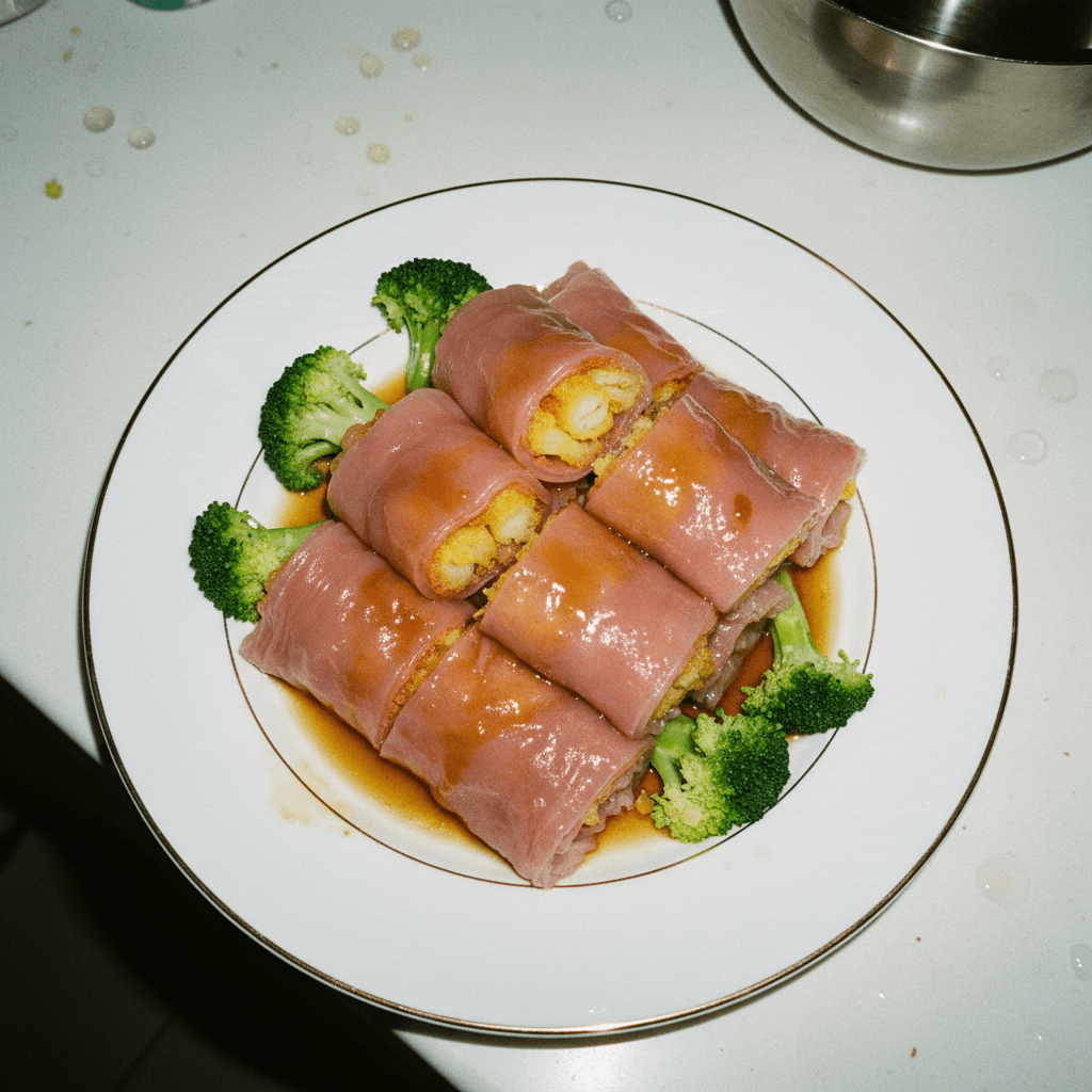 Red Rice Noodle Rolls with Crispy Shrimp (Hong Mi Cheung Fun)