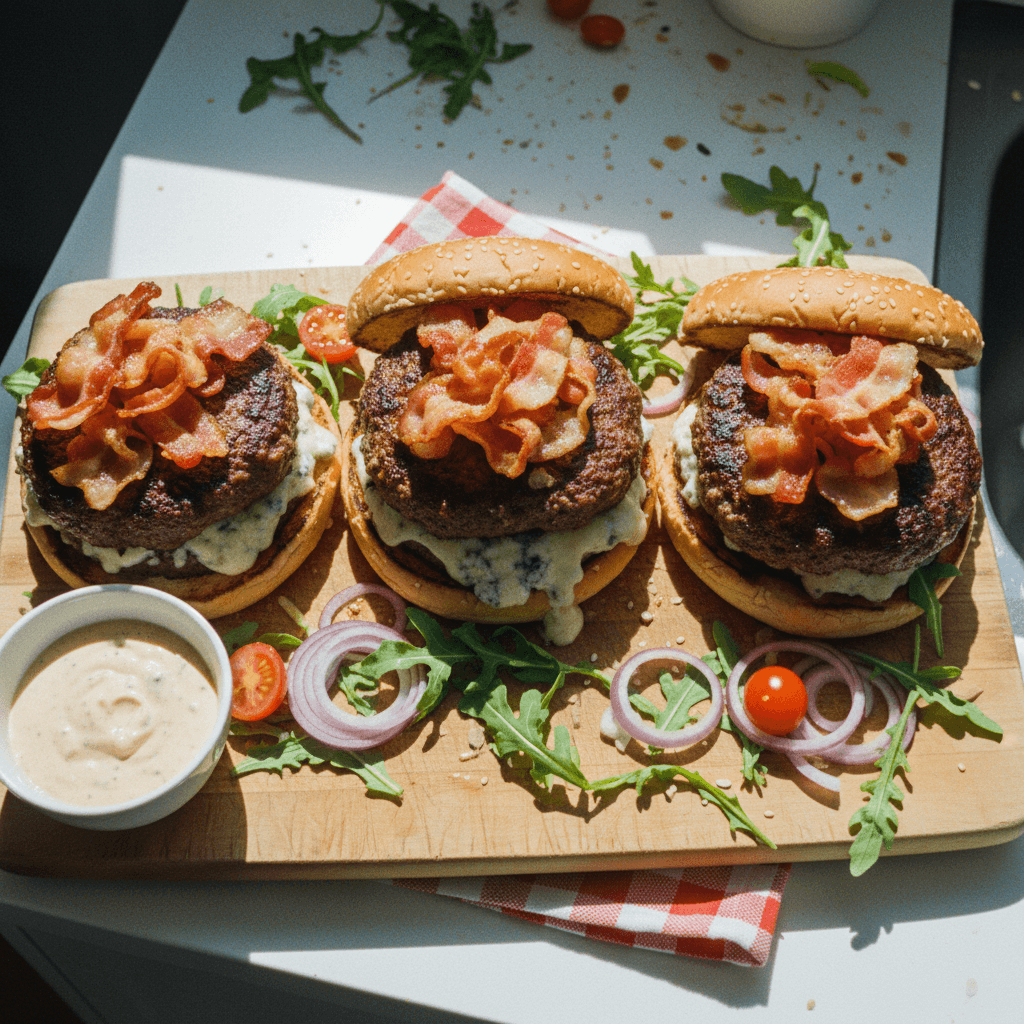 Blue Cheese Stuffed Burgers with Crispy Bacon