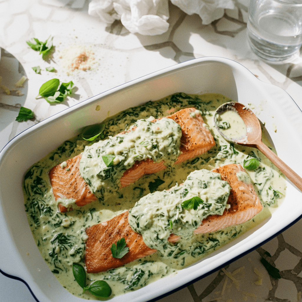 Garlic Parmesan Smothered Salmon with Creamy Spinach Sauce
