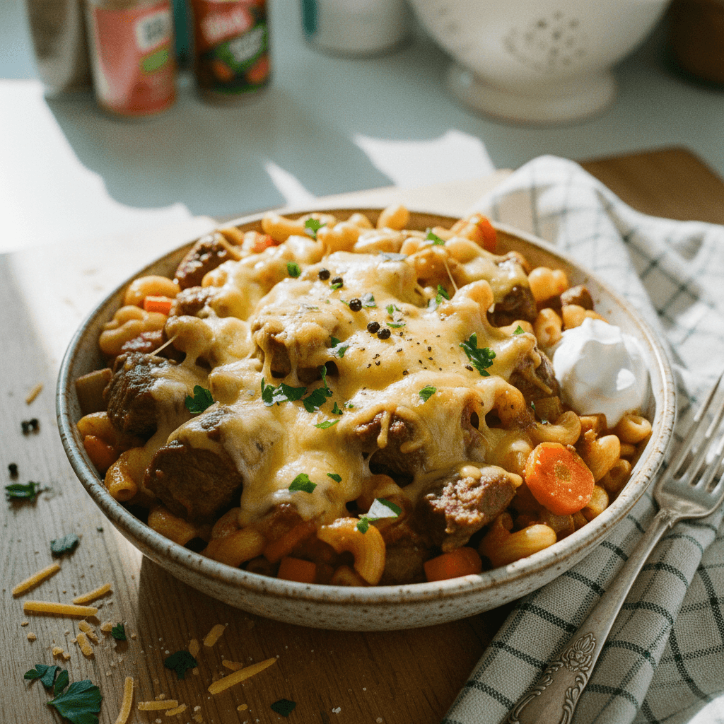 Hearty Beef Stew with Pasta and Melted Cheese
