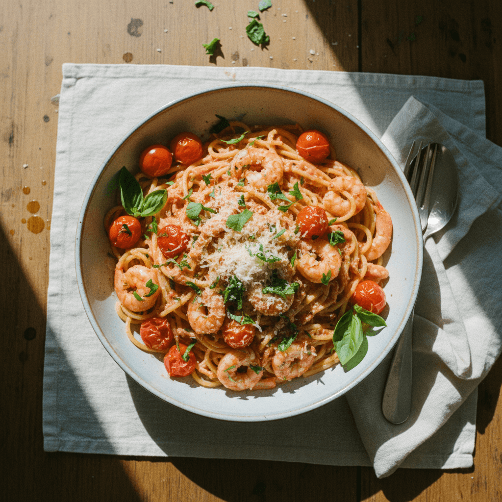 Massa ao Molho de Camarões, Tomatinhos, Ervas e Parmesão