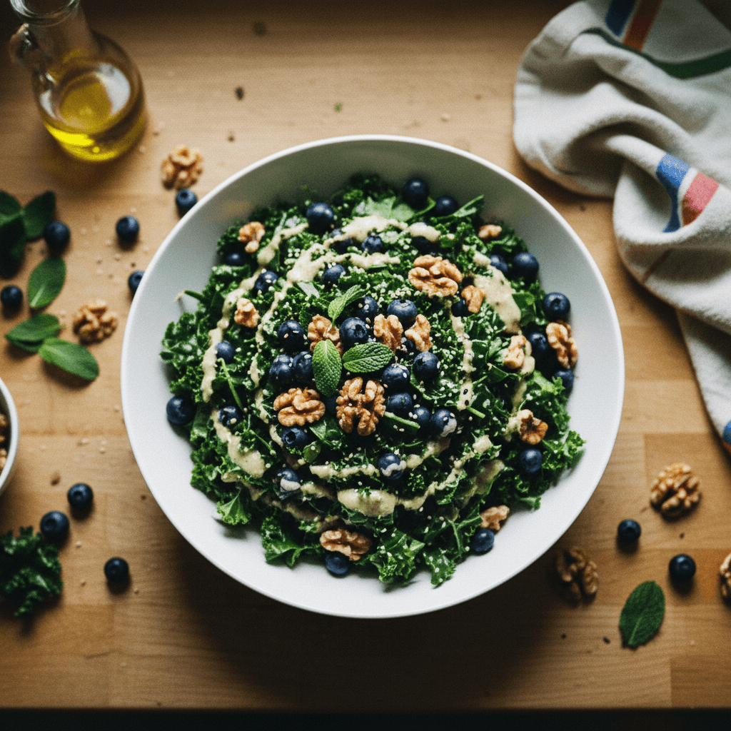 Blueberry Kale Salad with Toasted Walnuts and Lemon-Tahini Dressing