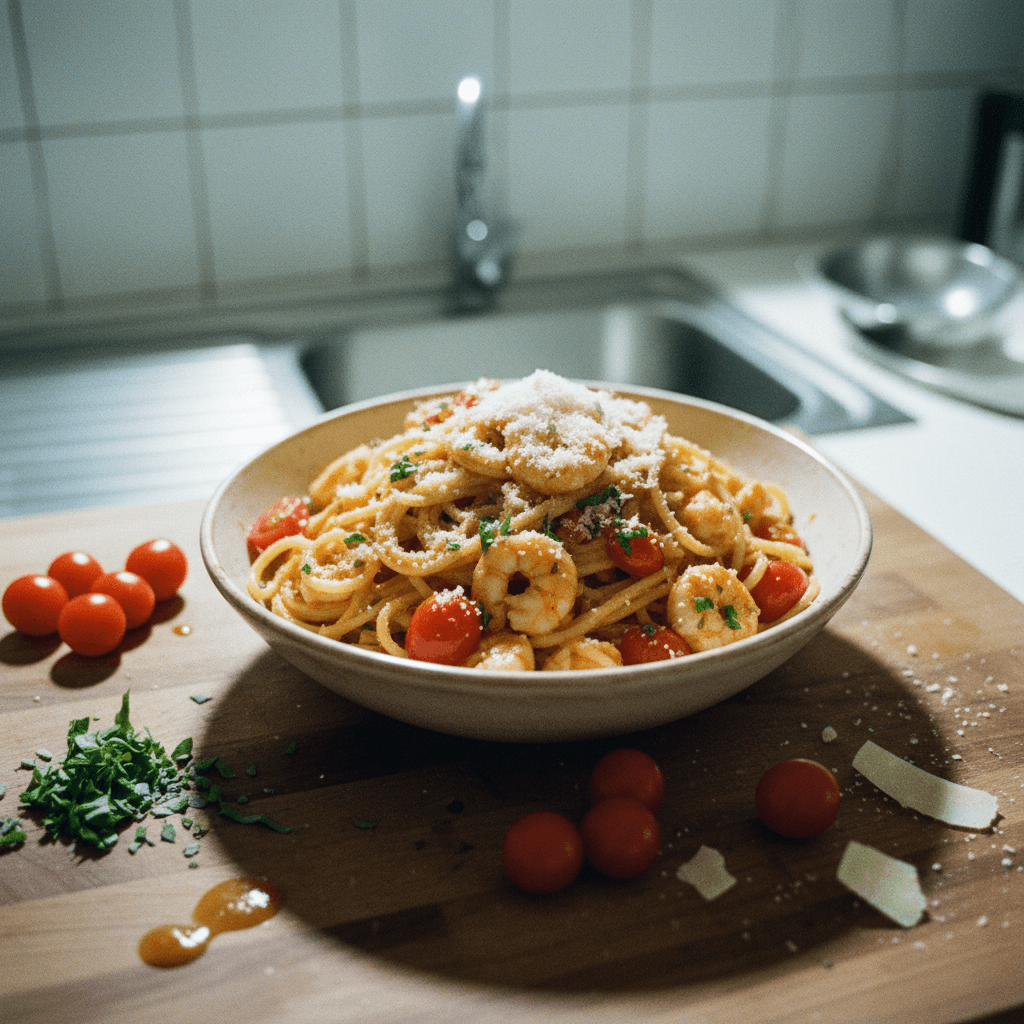 Massa ao Molho de Camarões, Tomatinhos, Ervas e Parmesão