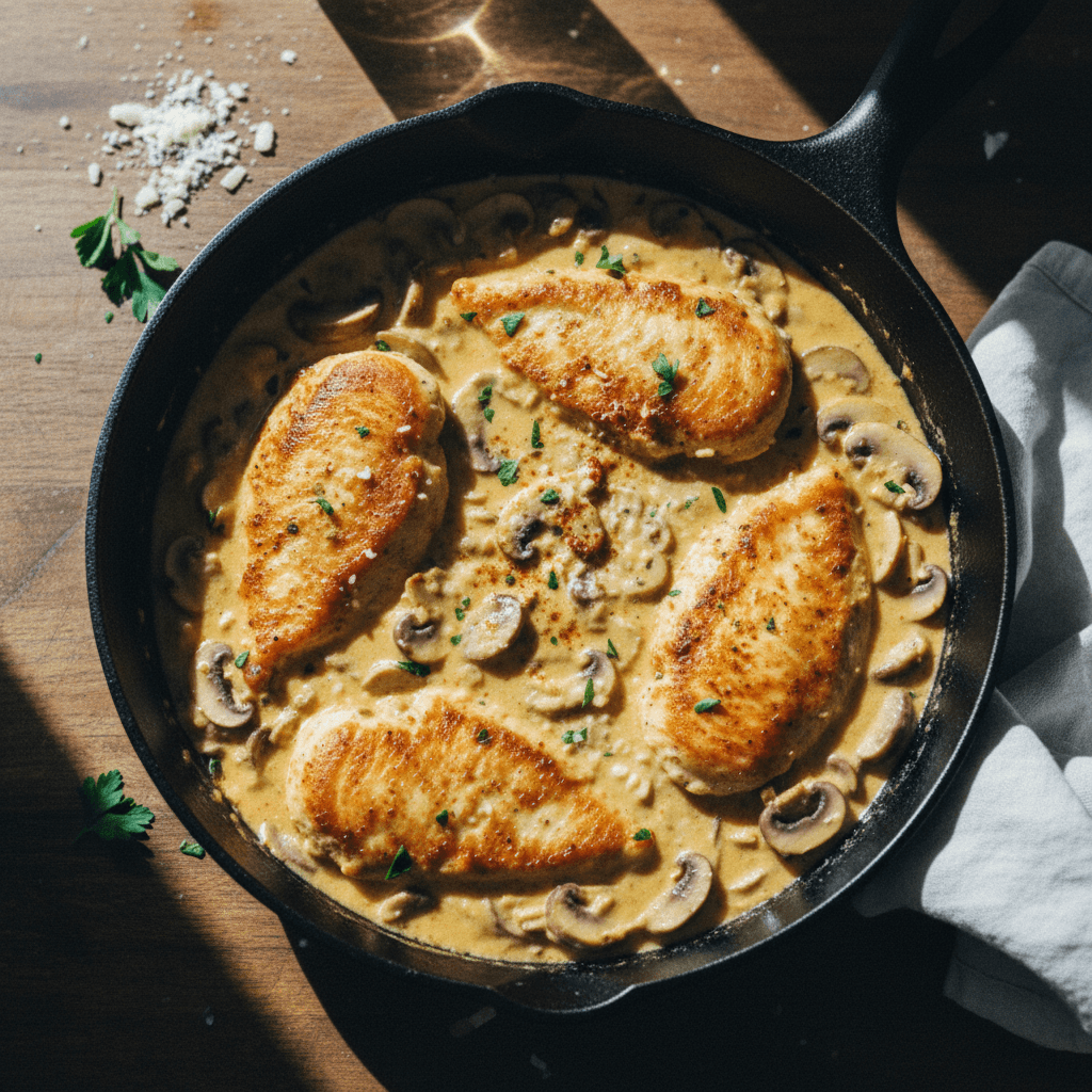 Creamy Asiago Mustard Chicken and Mushroom Skillet