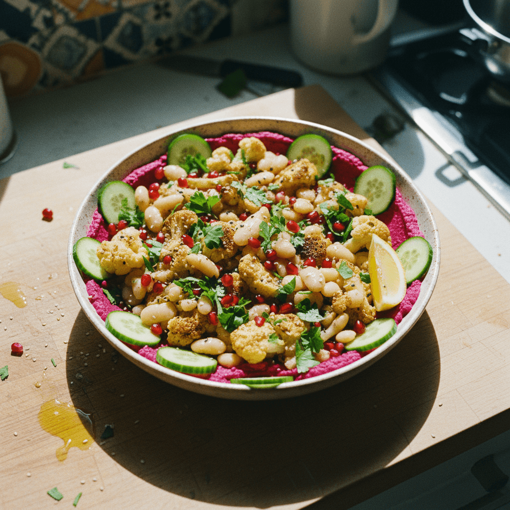 Beetroot Hummus Bowl with Roasted Cauliflower and Butter Beans