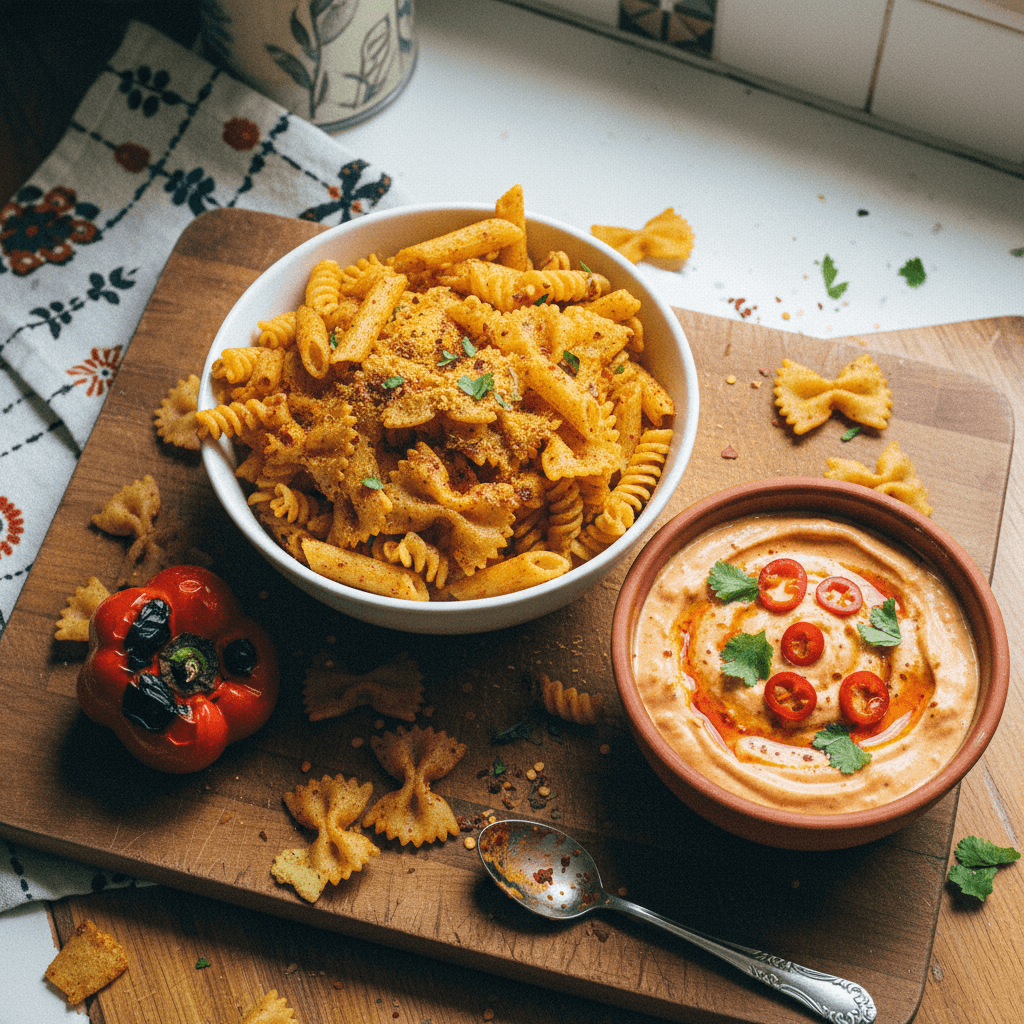 Pasta Chips with High Protein Chipotle Dip
