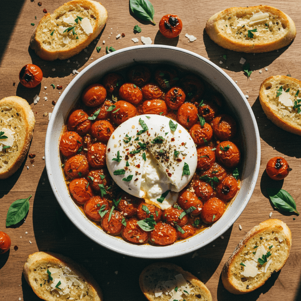 Roasted Tomato Burrata Dip with Garlic Crostini