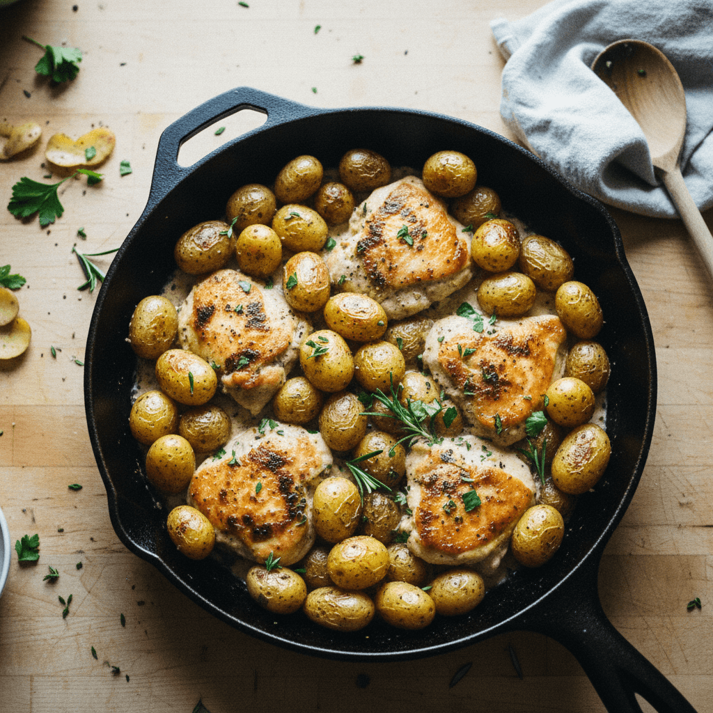 One-Pan Creamy Herb Chicken and Roasted Potatoes
