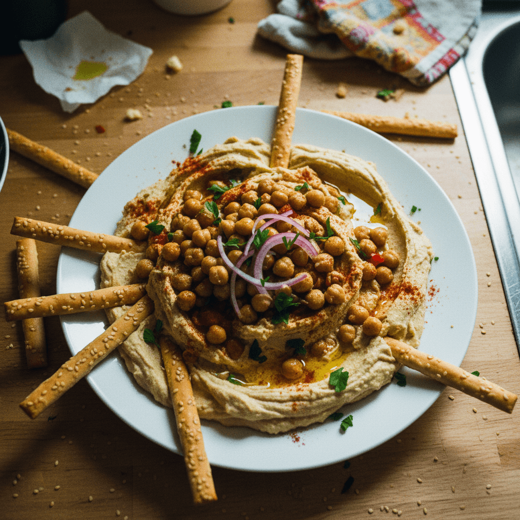 Loaded Hummus Plate with Sesame Breadsticks