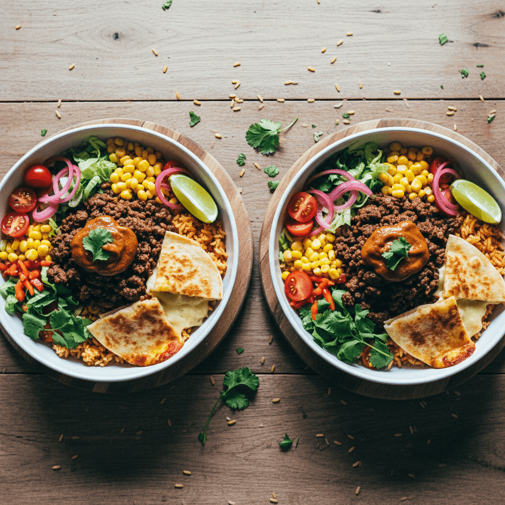Chipotle BBQ Beef Burrito Bowls with Garlic Spicy Cheese Dippers