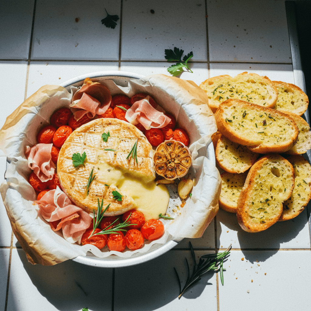 Baked Brie with Garlic Bread, Tomatoes, and Prosciutto