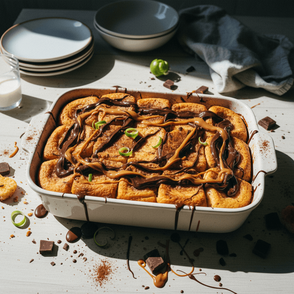 Baked Rabanada (Brazilian French Toast Pudding) with Chocolate and Dulce de Leche