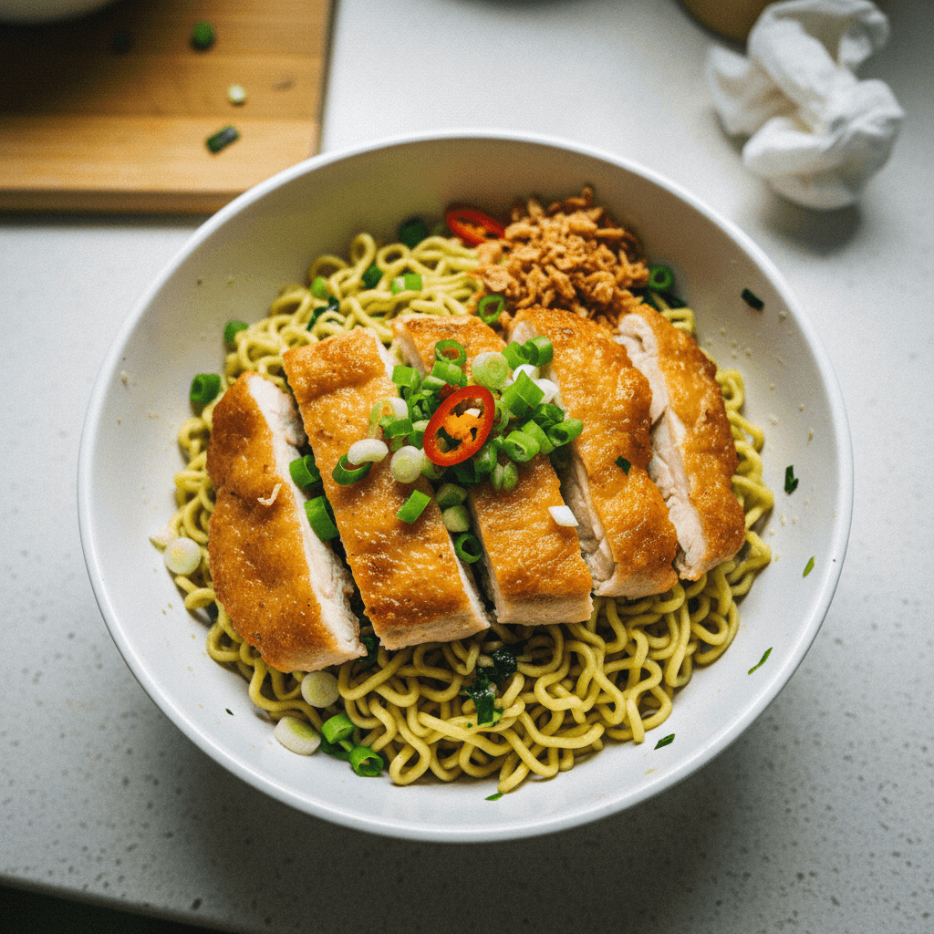 Hong Kong Scallion Oil Chicken Noodles (蔥油雞扒撈丁)