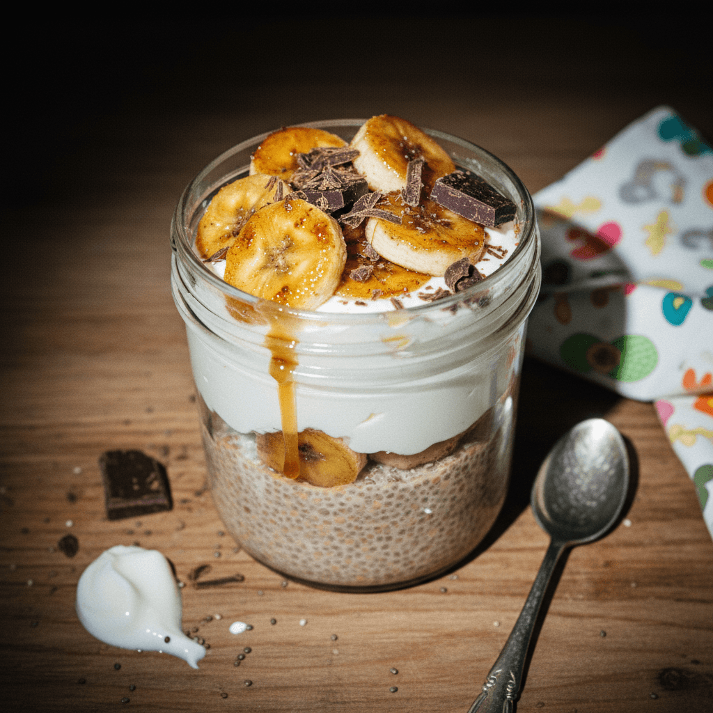 Coffee Yogurt Chia Pudding, Plain Greek Yogurt, Dark Chocolate and Caramelised Bananas