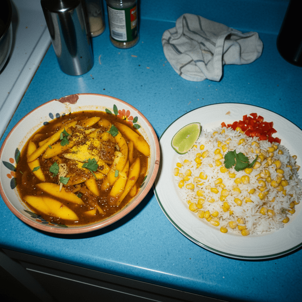 Mangos Guisado con Arroz con Maíz
