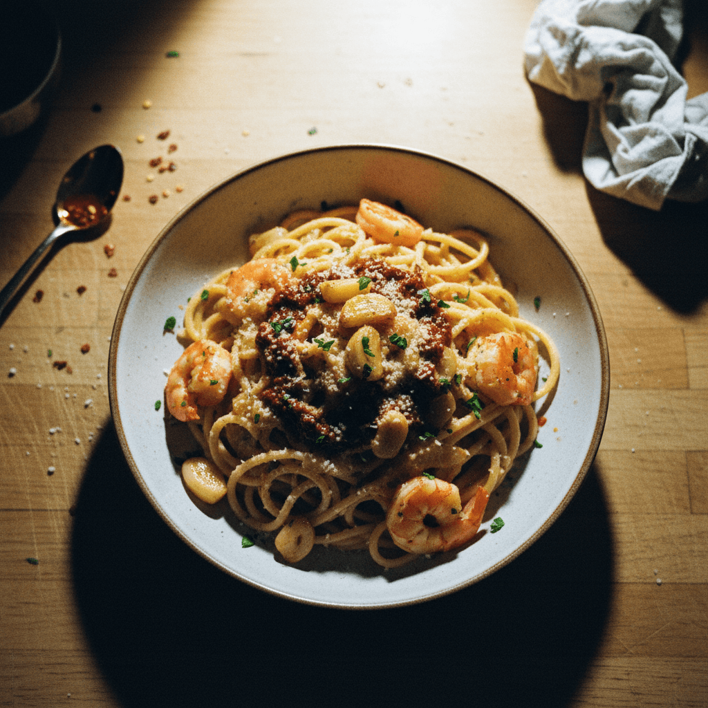 Chili Oil Garlic Butter Pasta with Shrimp
