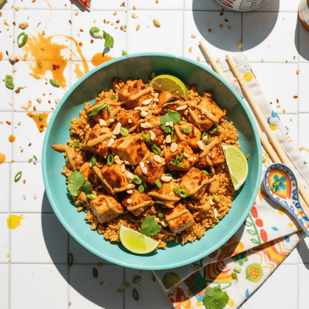 Crispy Rice Bowl with Chicken and Peanut Dressing