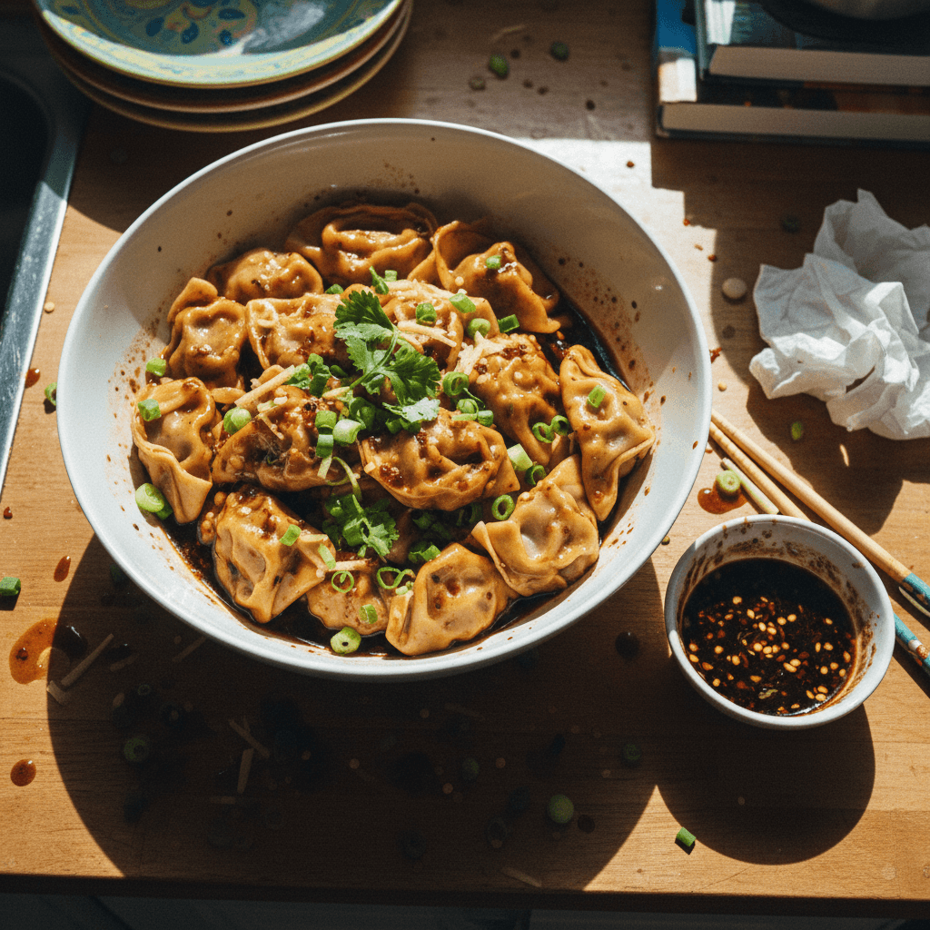 Spicy Chicken Wontons with Soy-Ginger Dip