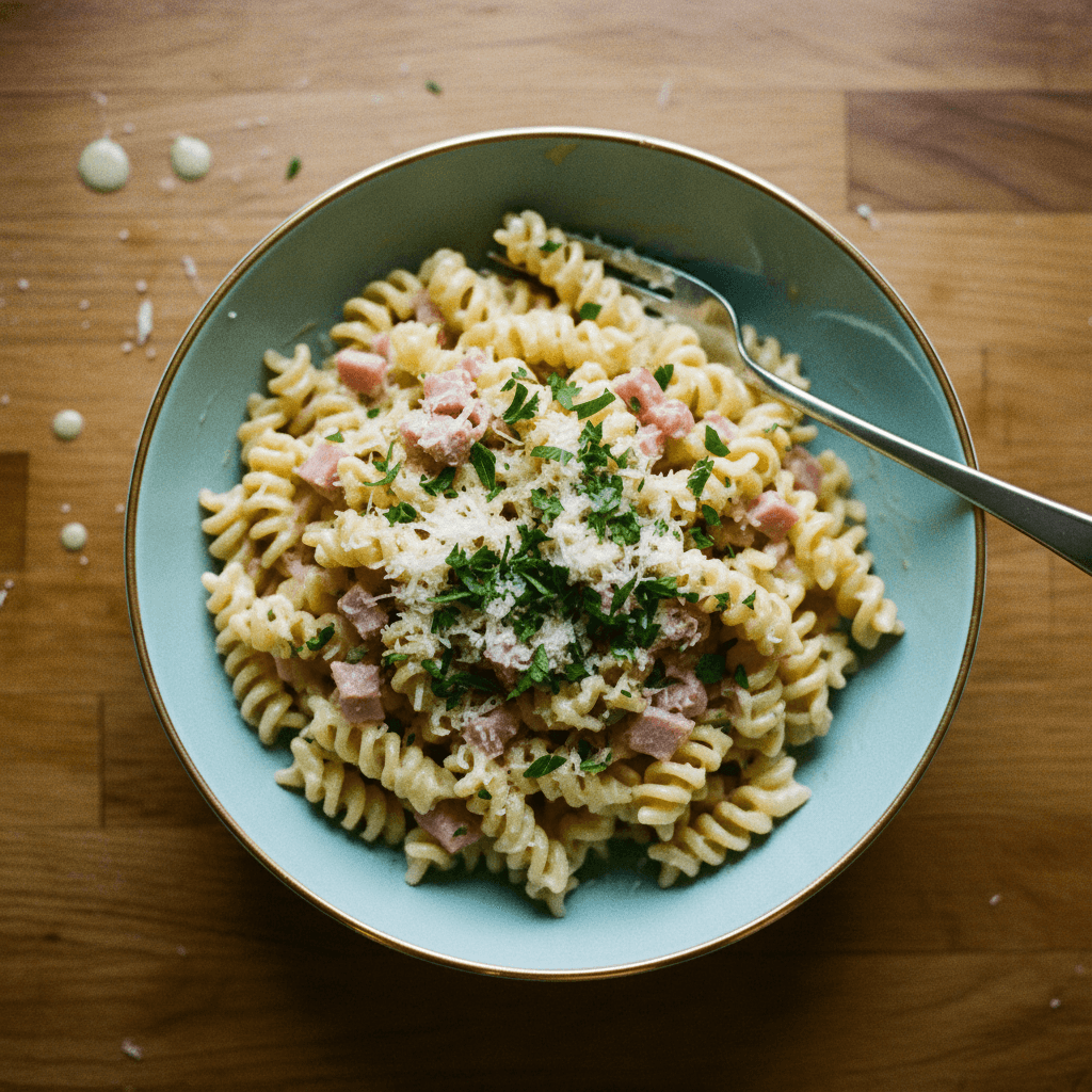 Cremige Knoblauch-Parmesan-Pasta mit Schinken