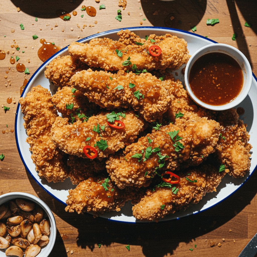 Crispiest Hot Honey Garlic Fried Chicken Tenders