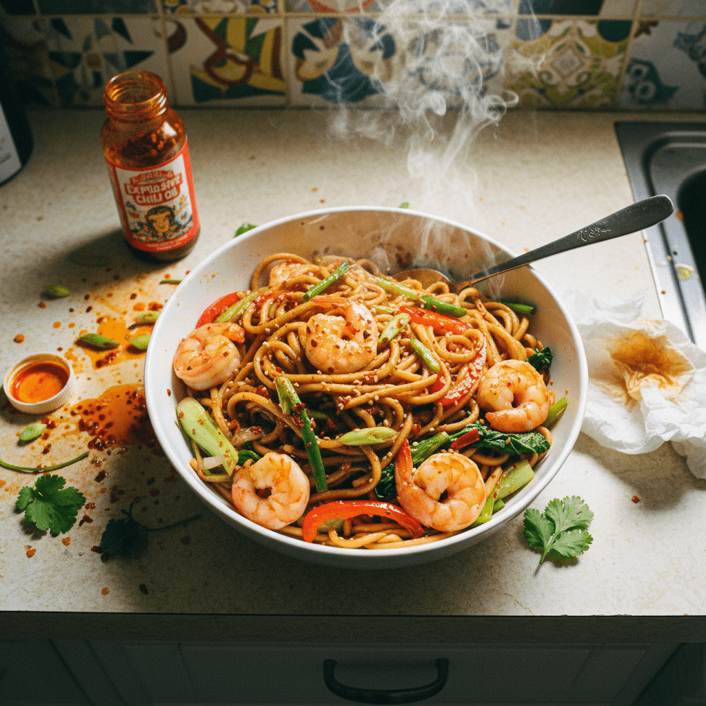 Shrimp Lo Mein with Explosive Chili Oil