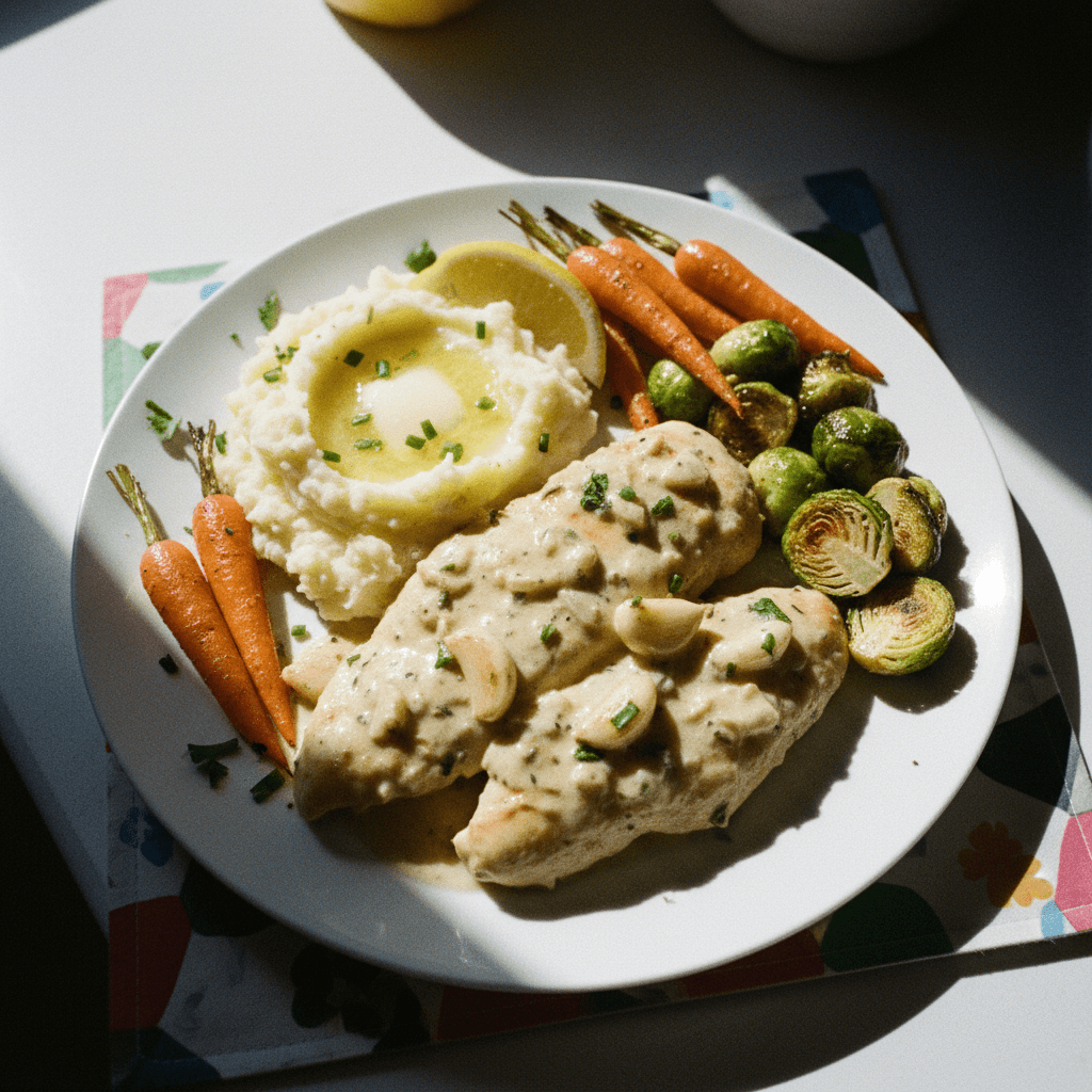 Creamy Garlic Chicken with Mashed Potatoes, Carrots, and Brussels Sprouts