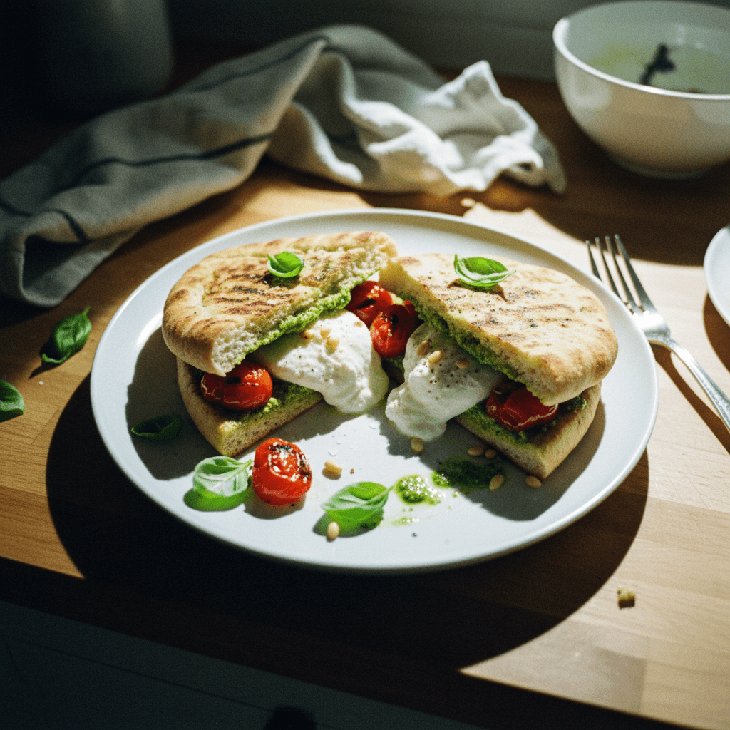 Grilled Flatbread Sandwich with Pesto, Burrata, and Roasted Tomatoes