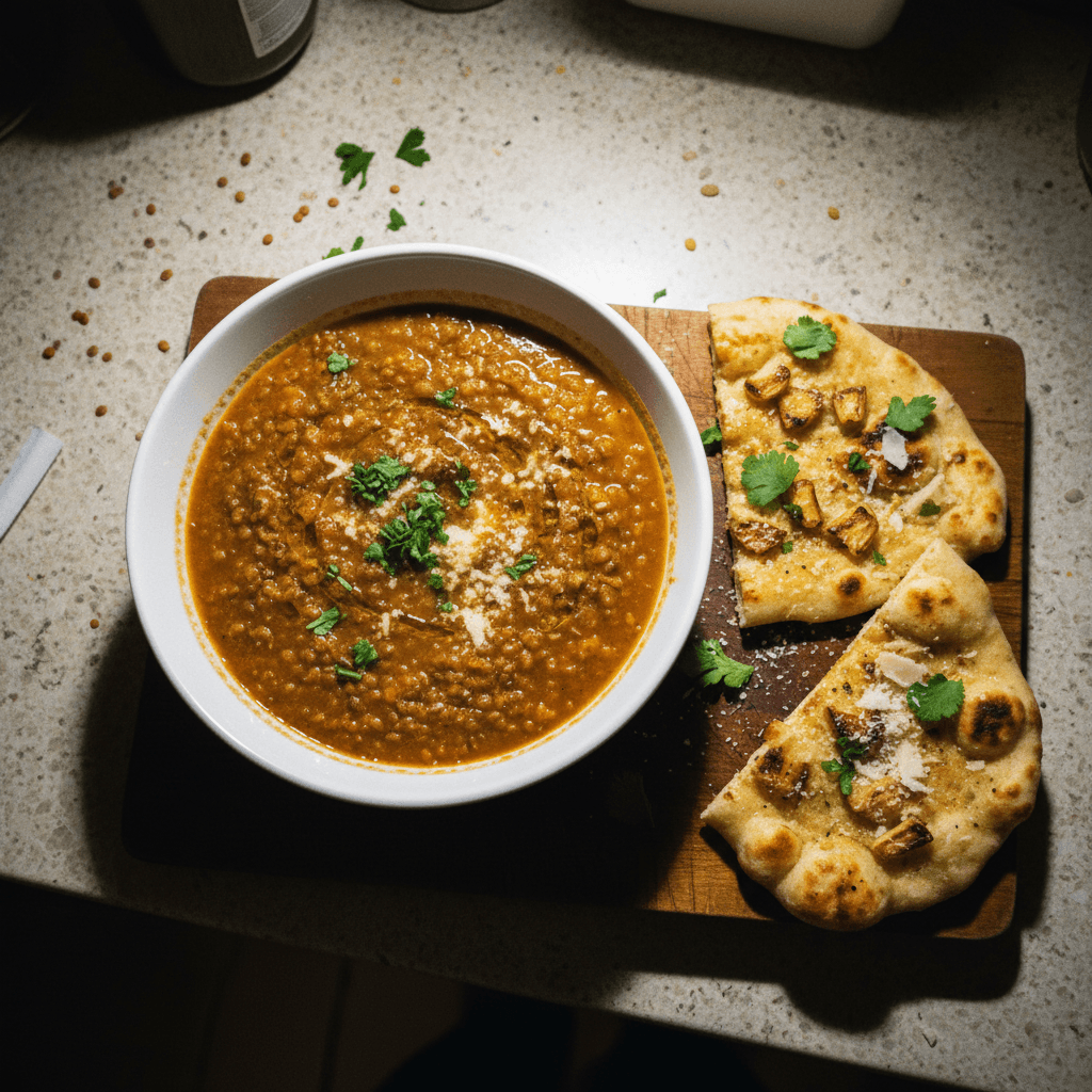 TJ's Hearty Lentil Soup with Parmesan & Garlic Naan
