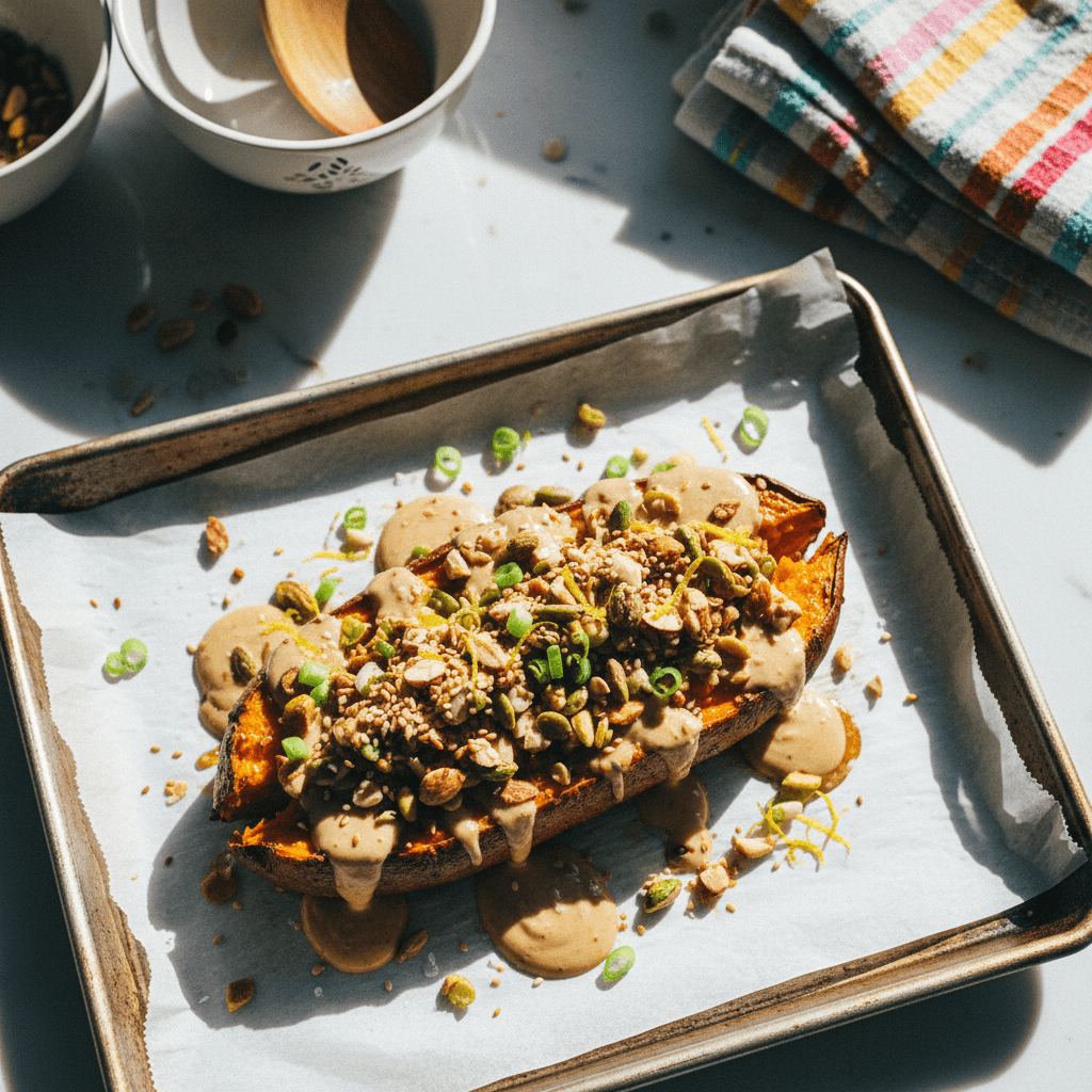 Sweet Potato with Maple Soy Tahini and Nut Crunch