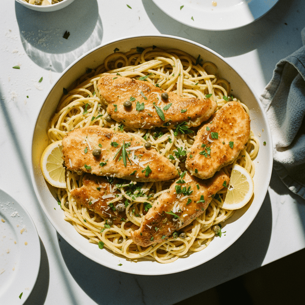 Chicken Piccata with Lemon Caper Sauce and Spaghetti