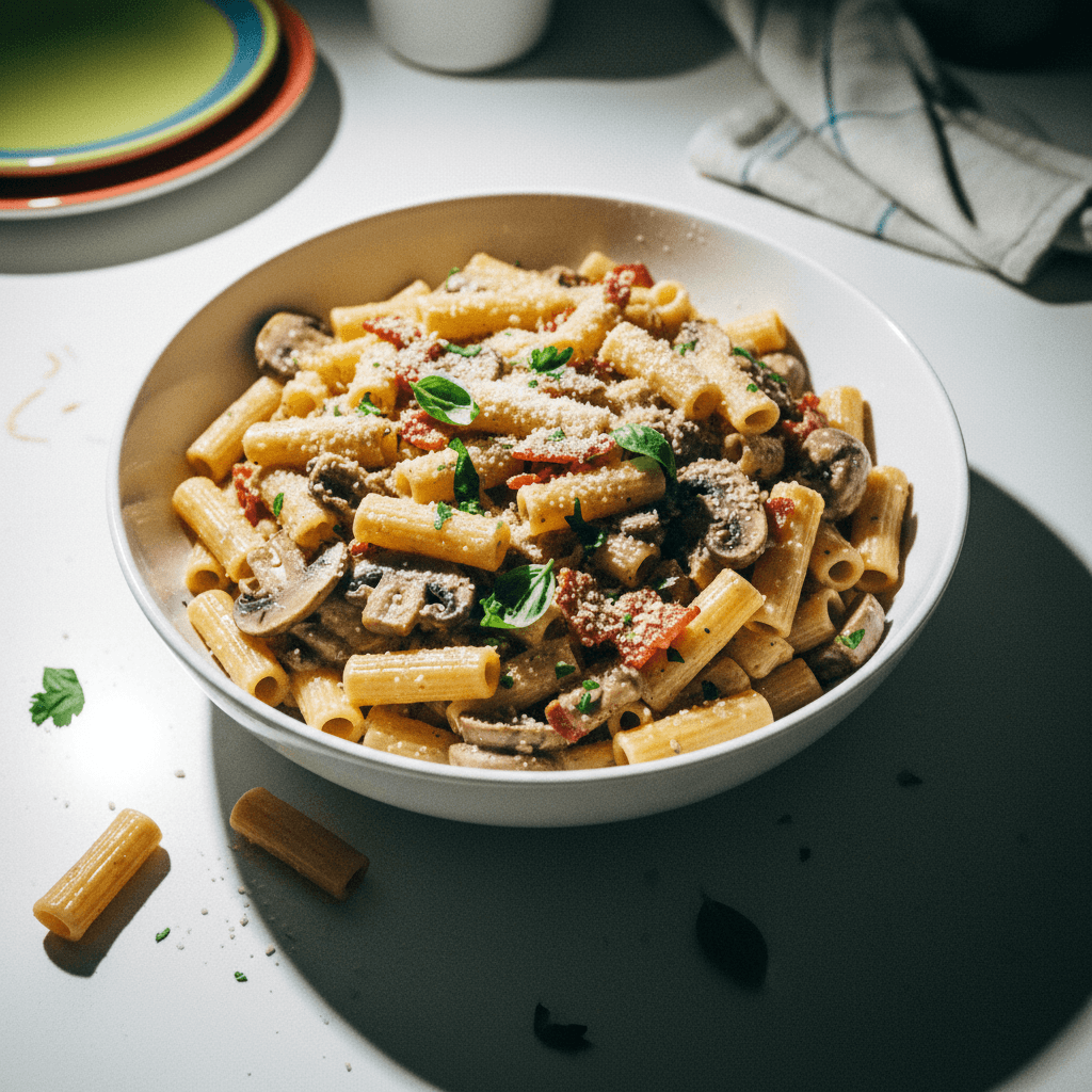 One-Pot Mushroom and Bacon Rigatoni