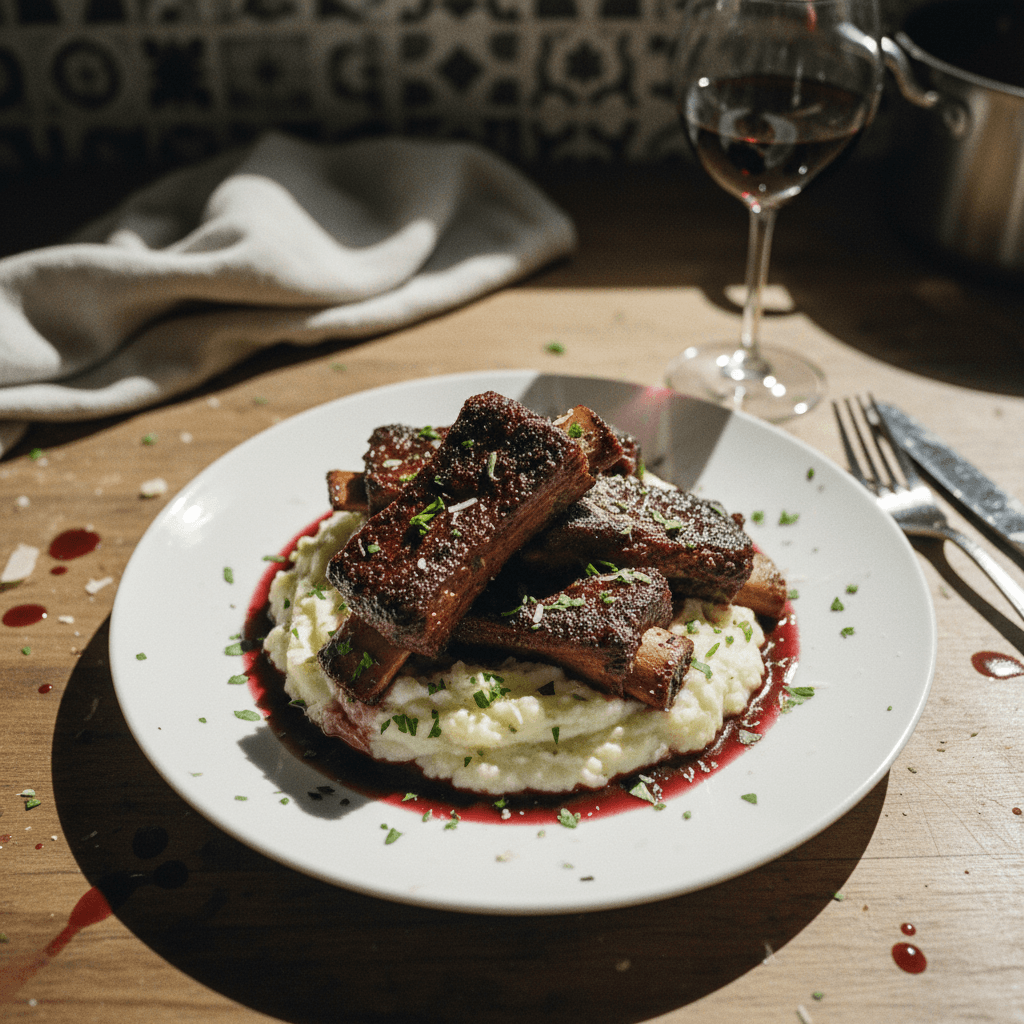 Red Wine Braised Short Ribs with Garlic Parmesan Potato Puree