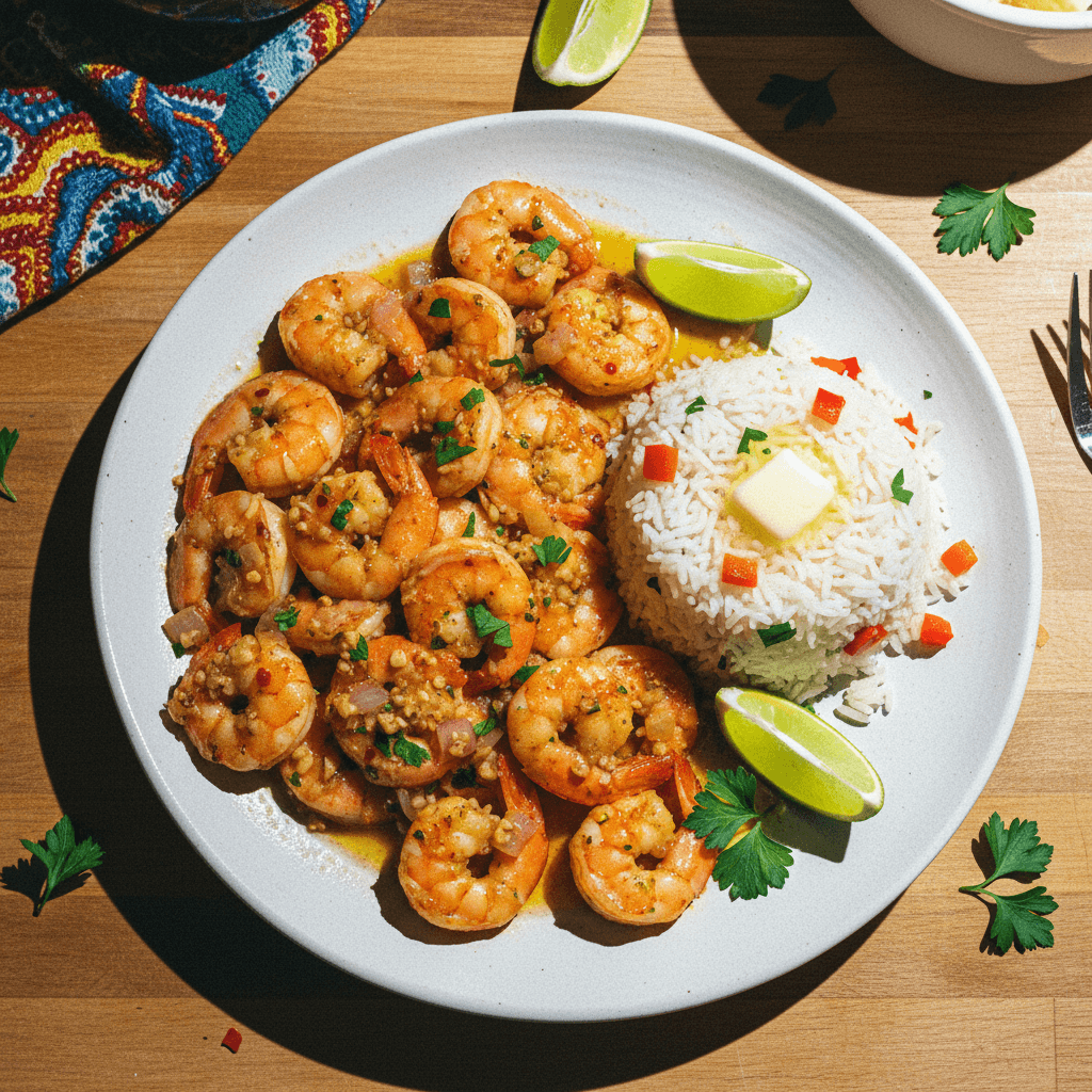 Camarones al Mojo de Ajo con Arroz Mantequilla