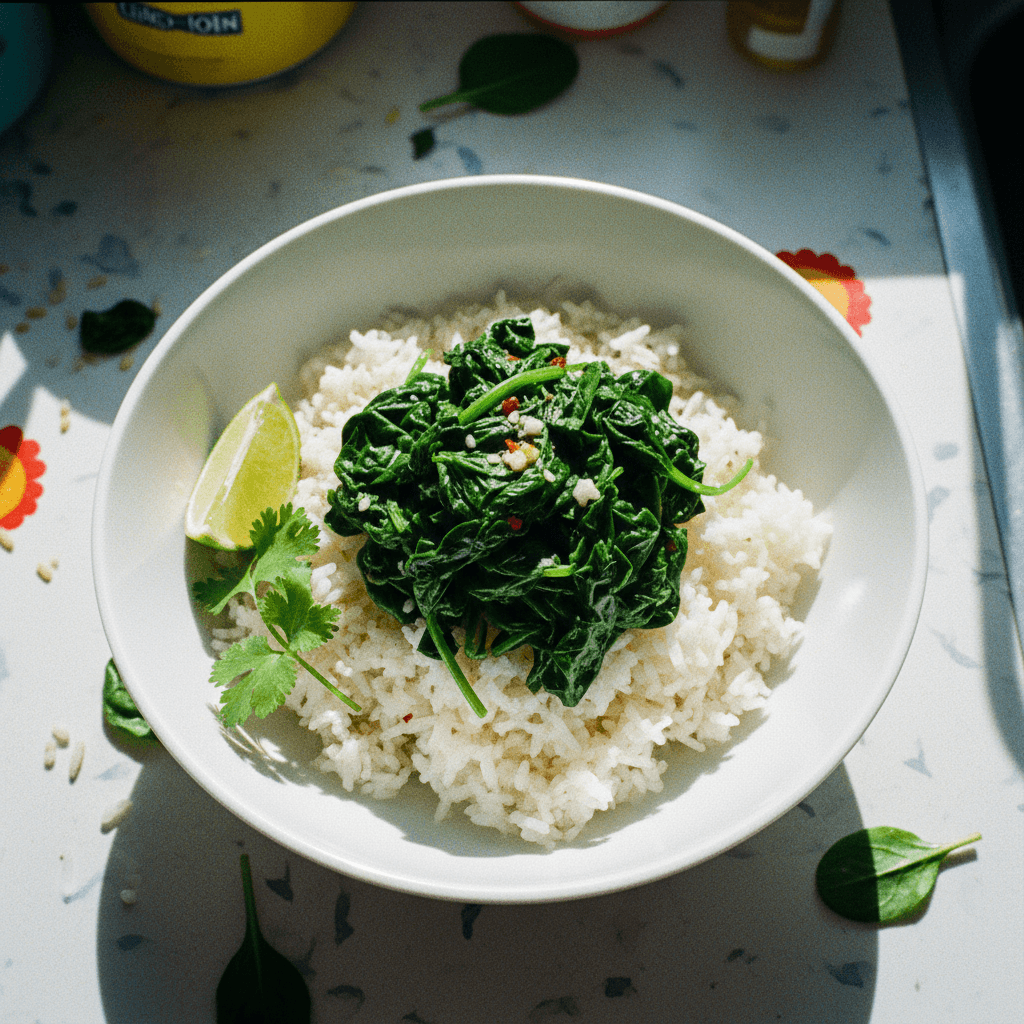 Garlic Sautéed Spinach with Jasmine Rice