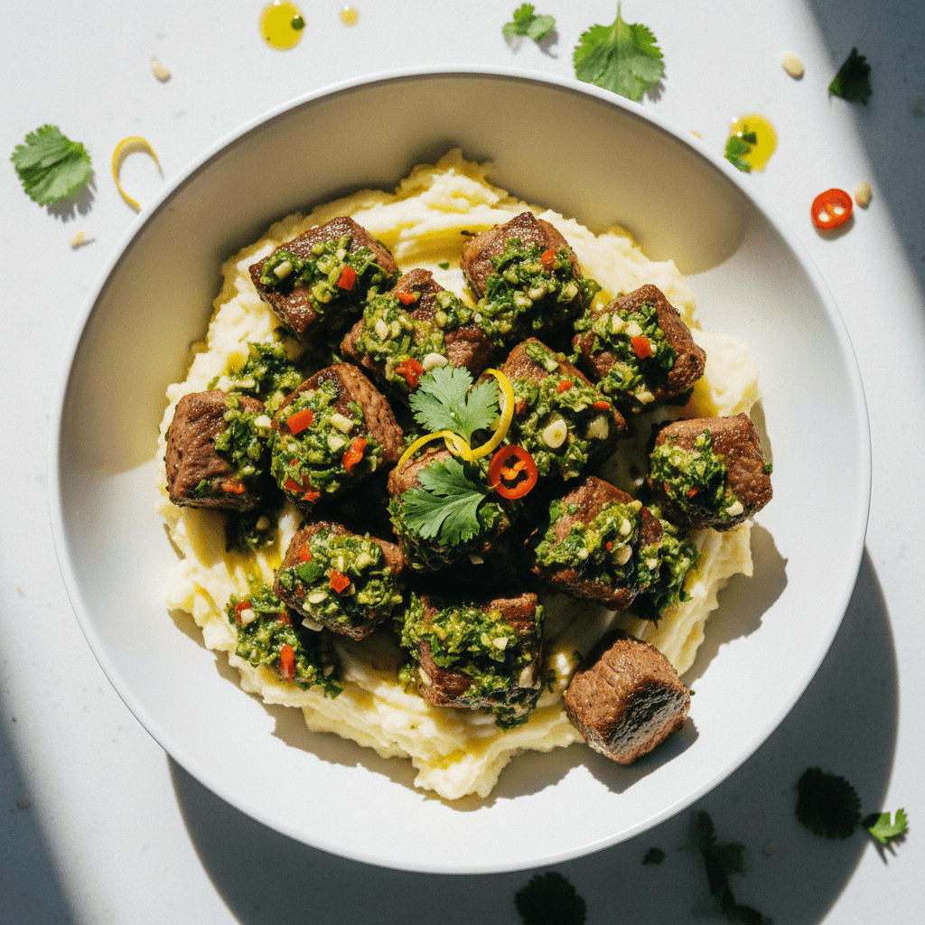 Juicy Chimichurri Rib Eye Bites Over Silky Buttery Mash