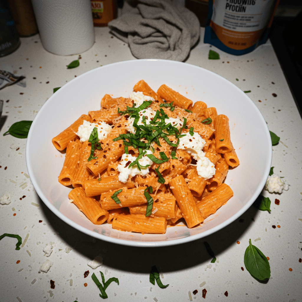 My Favorite Protein Pasta (mimicking Rigatoni Alla Vodka with Stracciatella)