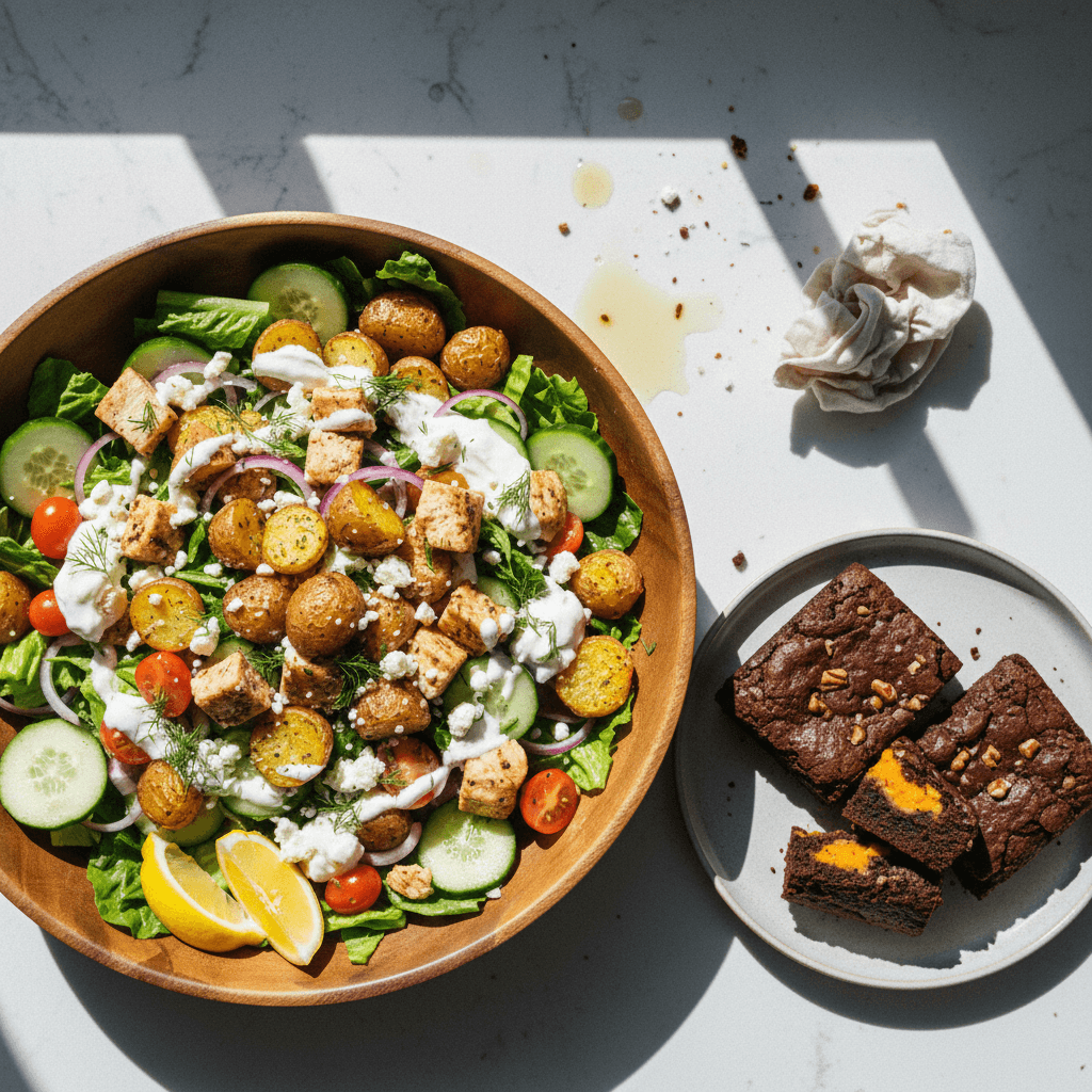 Mediterranean Chicken and Smashed Potato Salad with Sweet Potato Chocolate Brownies