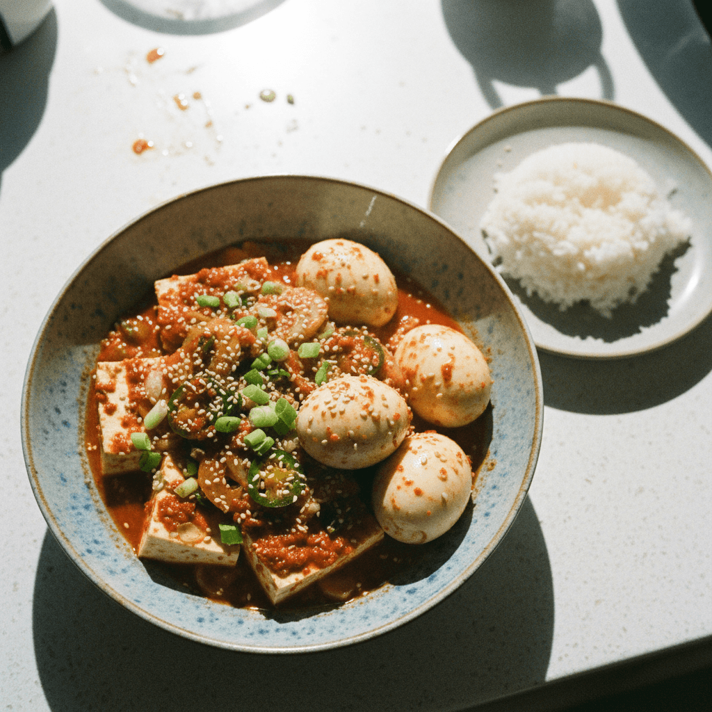 Spicy Marinated Silken Tofu & Eggs