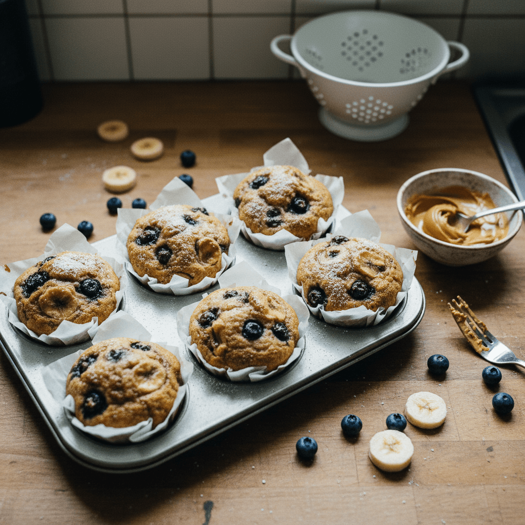 Banana Peanut Butter Blueberry Muffins