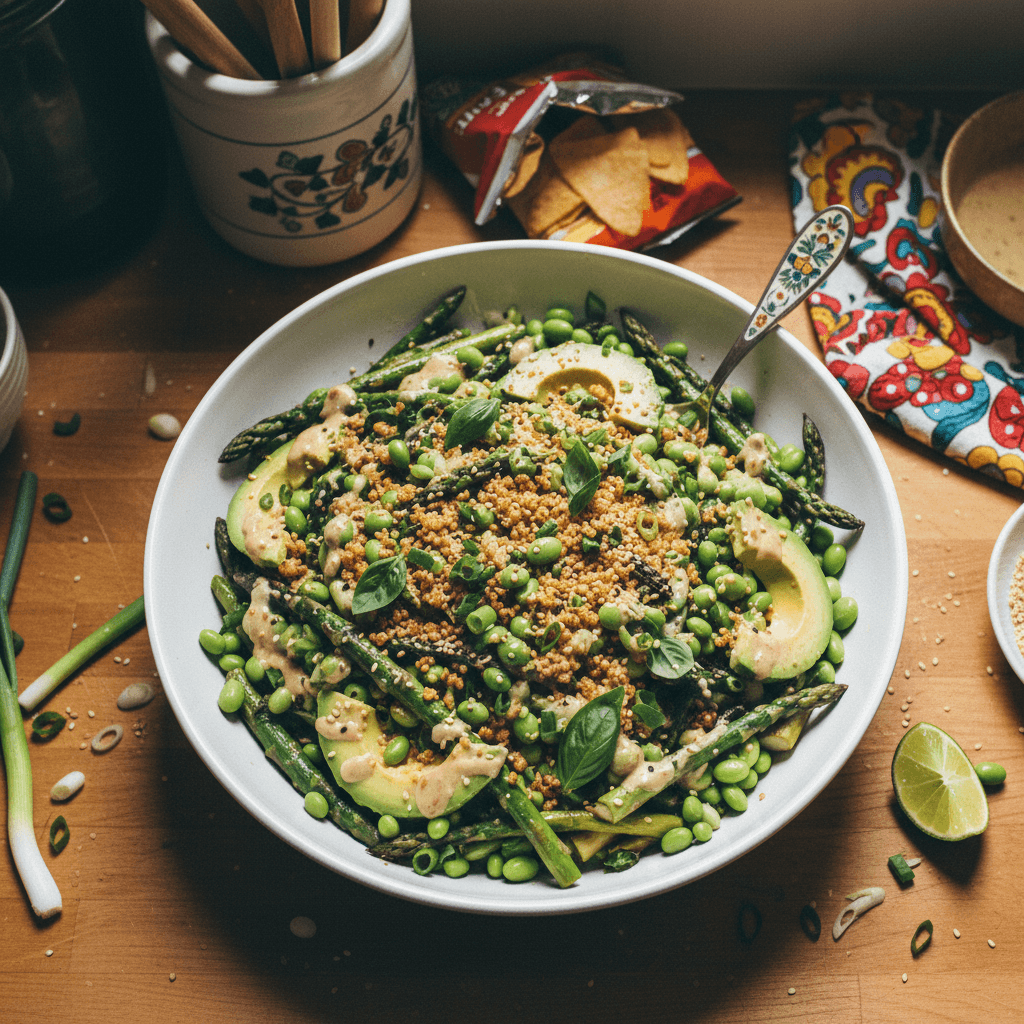 Crispy Roasted Quinoa and Asparagus Salad with Edamame, Avocado, and Ginger-Sesame Dressing
