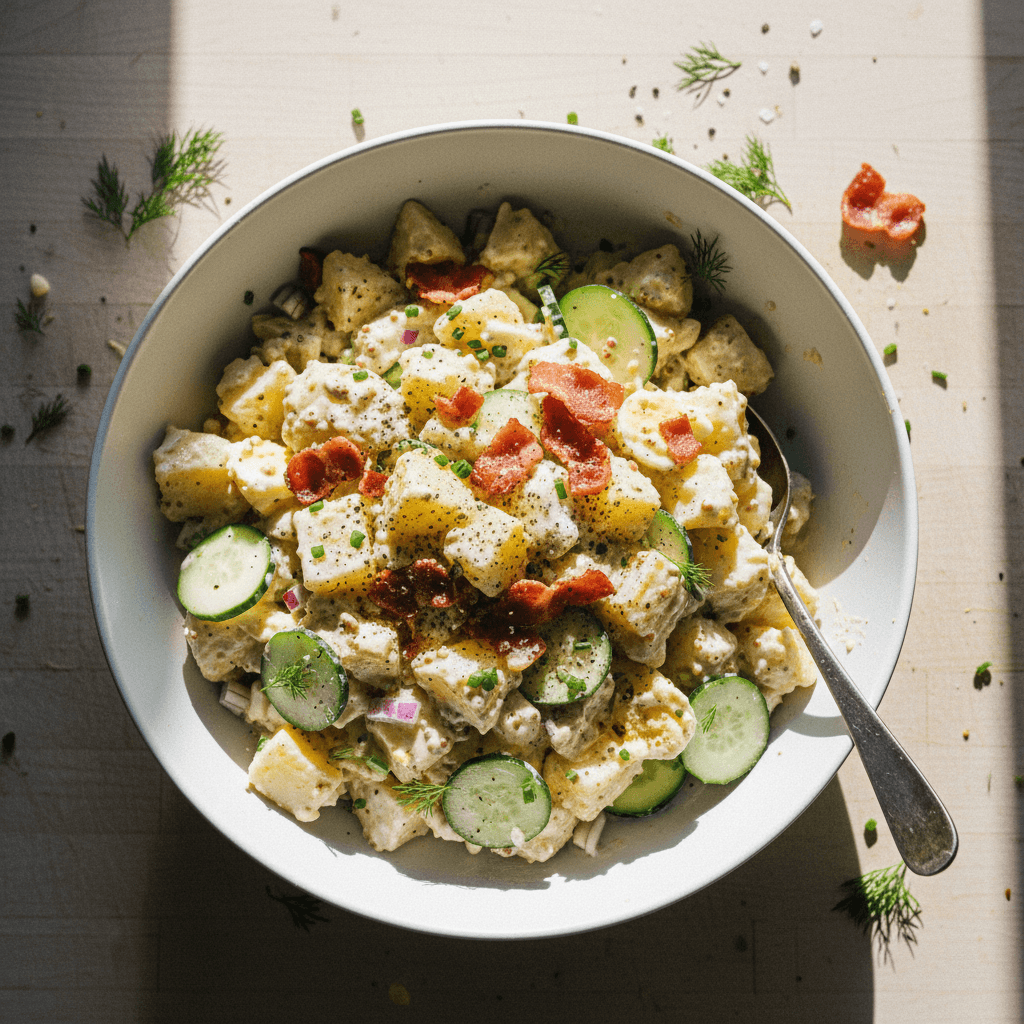 Potato Egg Salad with Bacon and Cucumber