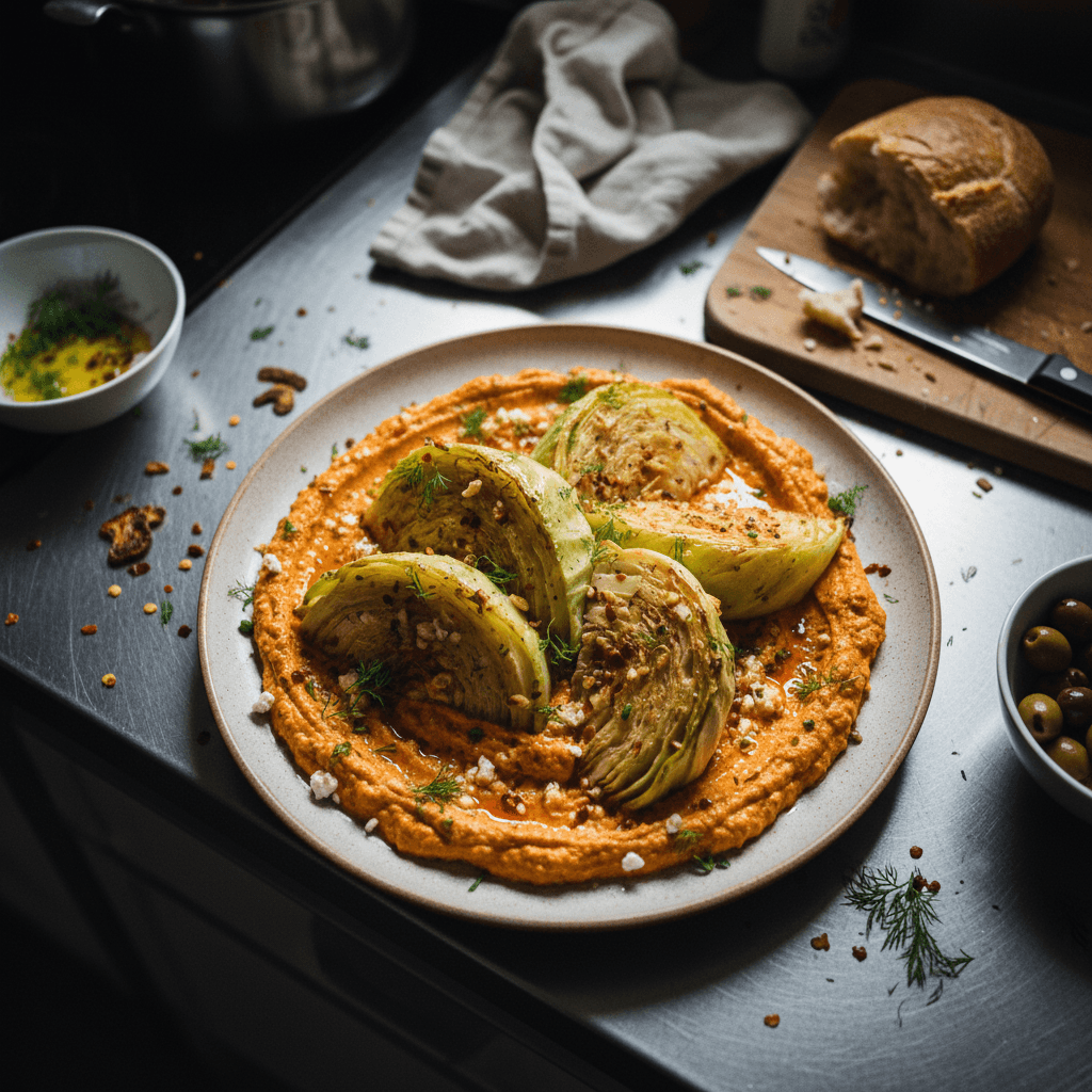 Garlic Roasted Cabbage Wedges over Spicy Greek Tirokafteri Dip