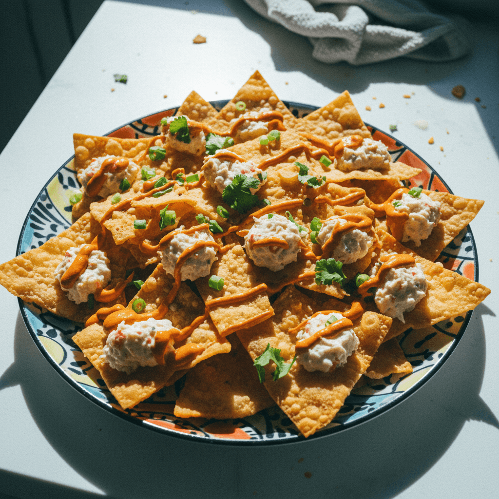 Crab Rangoon Wonton Nachos with Gochujang Crema