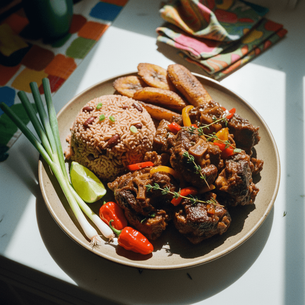 Jamaican Braised Oxtail with Rice & Peas and Fried Plantains
