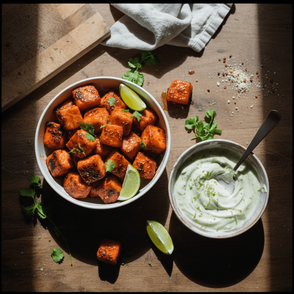 Sweet Chili Salmon Bites with Lime Yogurt Dip