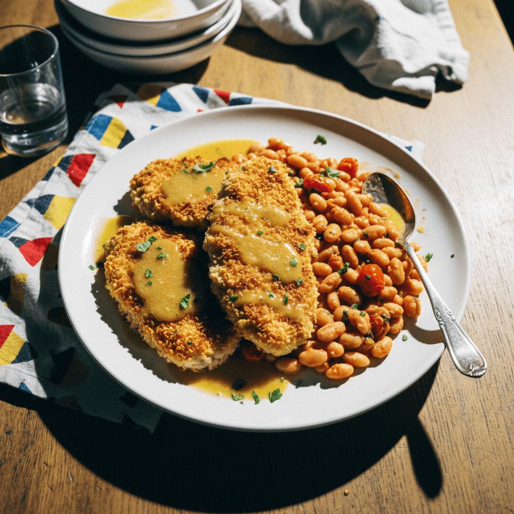 Crispy Parmesan Panko Chicken with Tomato and Mascarpone Beans and Garlic Butter Drizzle
